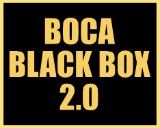 Boca Blackbox logo with black background and gold border 